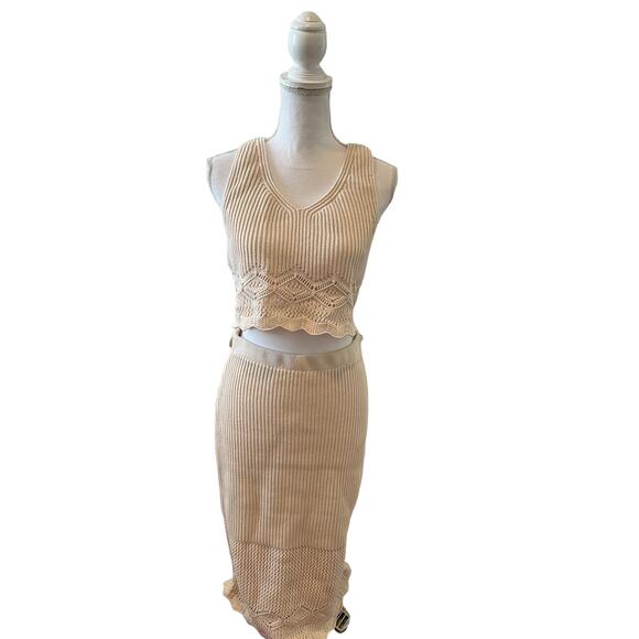 House of Harlow 1960 Revolve Crochet Ribbed Knit Cropped Top Skirt Set M - Picture 1 of 7